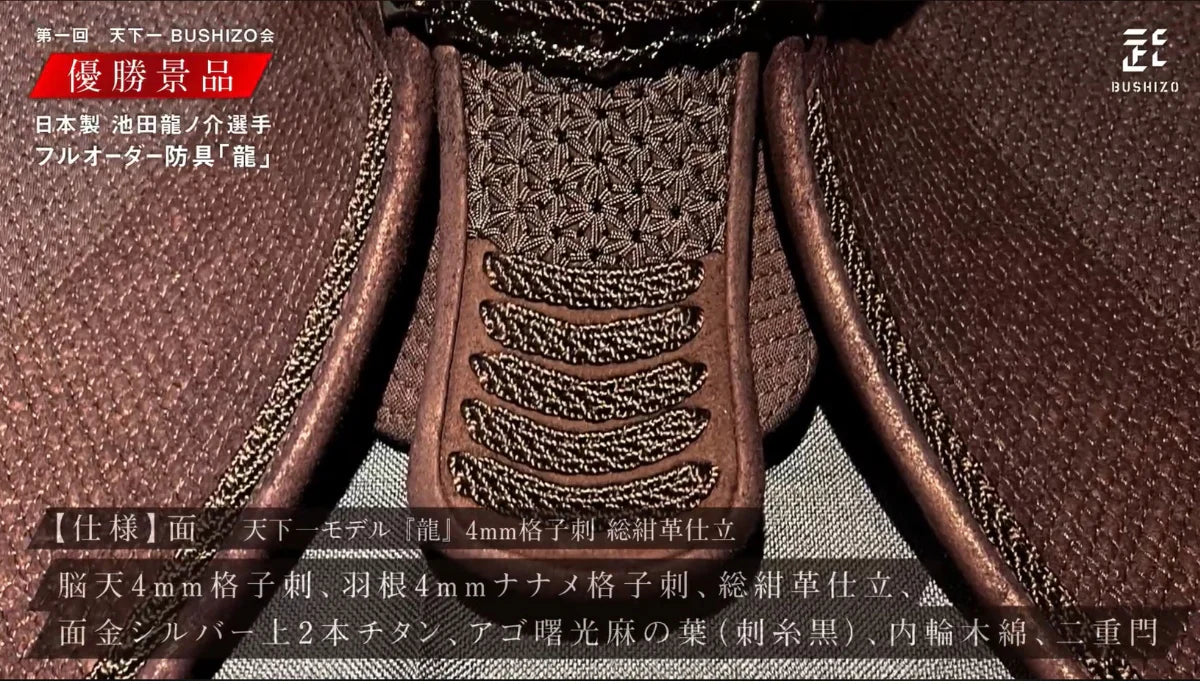 BUSHIZO Tenkaichi Model "Dragon" Made in Japan 4mm Plaid Navy Blue Leather Face Mask (Single Item) 